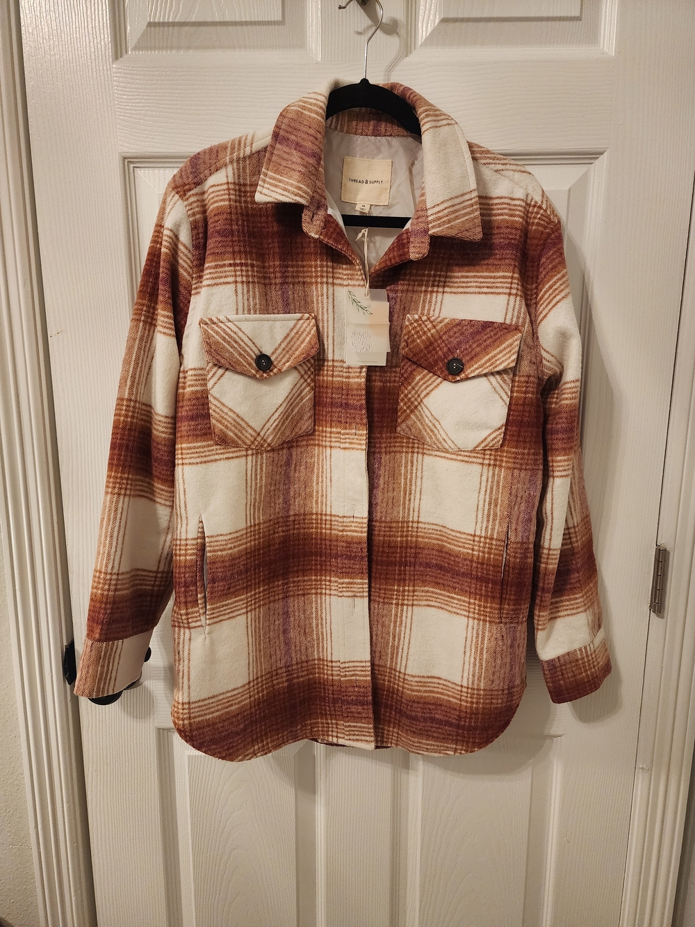 Thread & Supply Plaid Utility Shacket in Cream and Brown